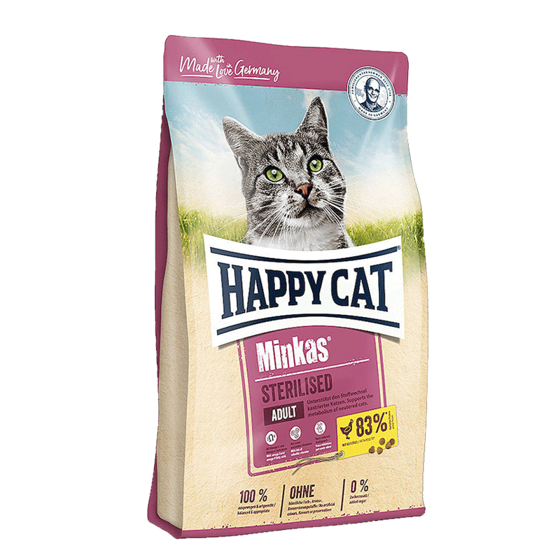 غذا خشک گربه هپی کت happy cat عقیم مینکاس طعم مرغ وزن ۱۰ کیلوگرم