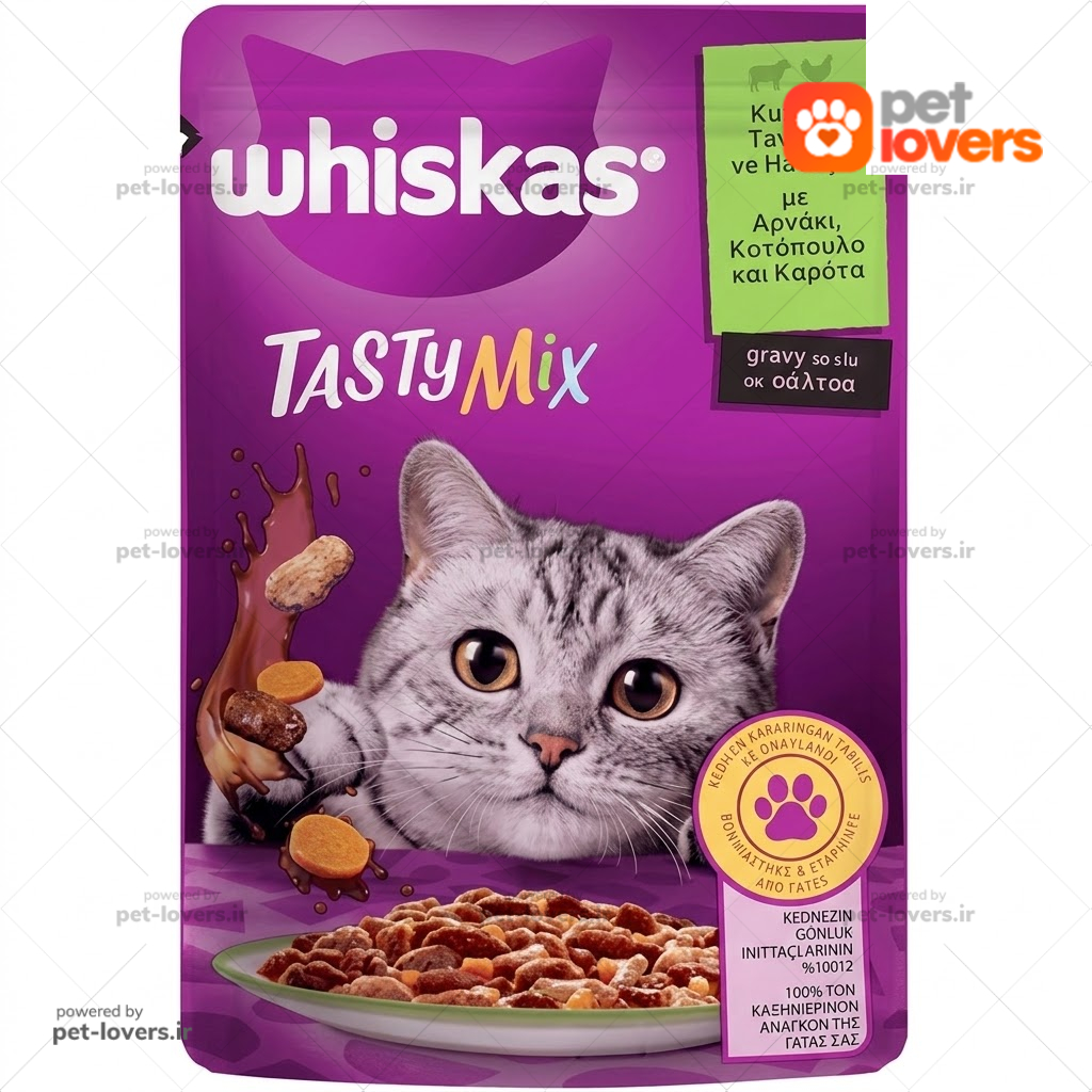 پوچ گربه مدل تیستی میکس طعم بره و مرغ در سس گریوی ویسکاس Whiskas وزن ۸۵ گرم