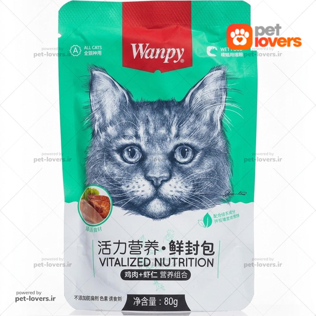 پوچ گربه طعم مرغ و میگو ونپی Wanpy وزن ۸۰ گرم