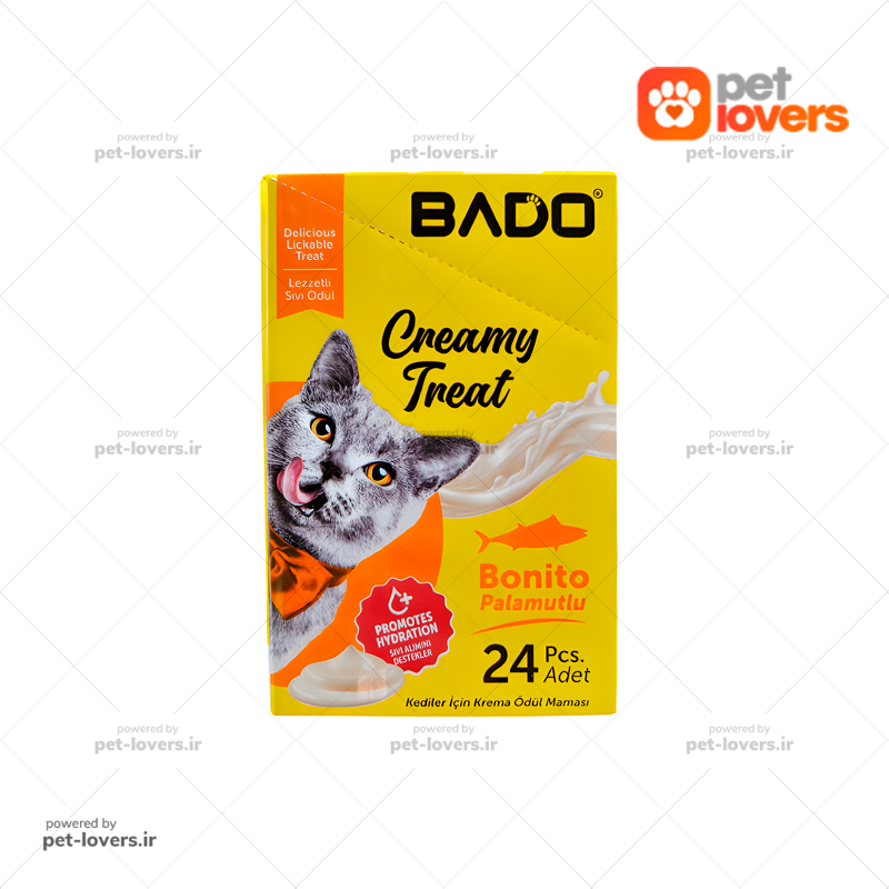 بستنی گربه بالغ با طعم ماهی بونیتو بادو BADO وزن ۸۵ گرم بسته ۲۴ عددی