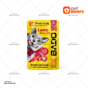 تشویقی پوچ گربه بالغ با تکه گوشت بره در ژله بادو BADO وزن 85 گرم