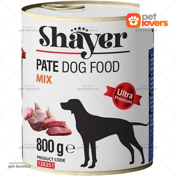 کنسرو سگ طعم پته میکس شایر Shayer وزن ۸۰۰ گرم
