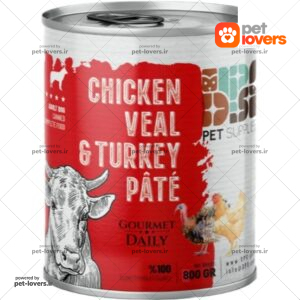 کنسرو مخصوص سگ بالغ طعم پته گوشت گوساله و بوقلمون و مرغ DPS وزن 800 گرم