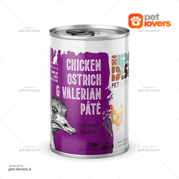 کنسرو مخصوص گربه بالغ طعم پته شترمرغ و گوشت مرغ و سنبل الطیب DPS وزن ۴۰۰ گرم