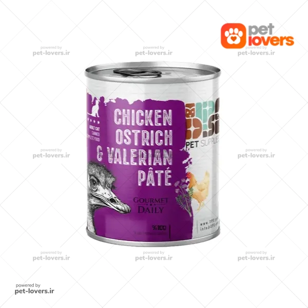 کنسرو مخصوص گربه بالغ طعم پته شترمرغ و گوشت مرغ و سنبل الطیب DPS وزن ۸۰۰ گرم