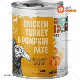 کنسرو مخصوص سگ بالغ طعم پته مرغ و بوقلمون و کدو DPS وزن ۸۰۰ گرم