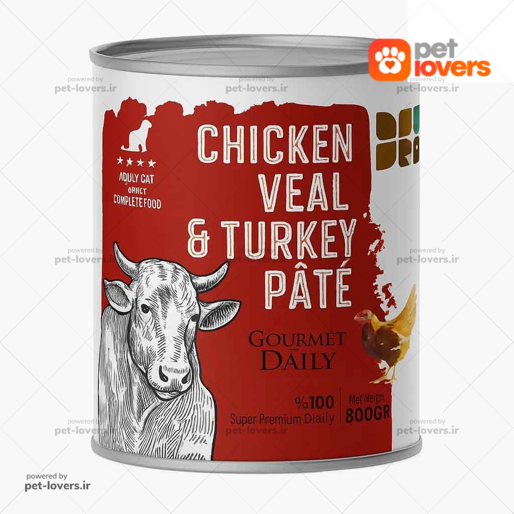 کنسرو مخصوص گربه بالغ طعم پته گوشت گوساله و بوقلمون و مرغ DPS وزن ۸۰۰ گرم