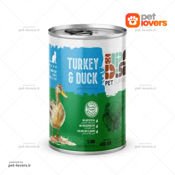 کنسرو نچرال مخصوص گربه بالغ طعم گوشت بوقلمون و گوشت اردک DPS وزن ۴۰۰ گرم