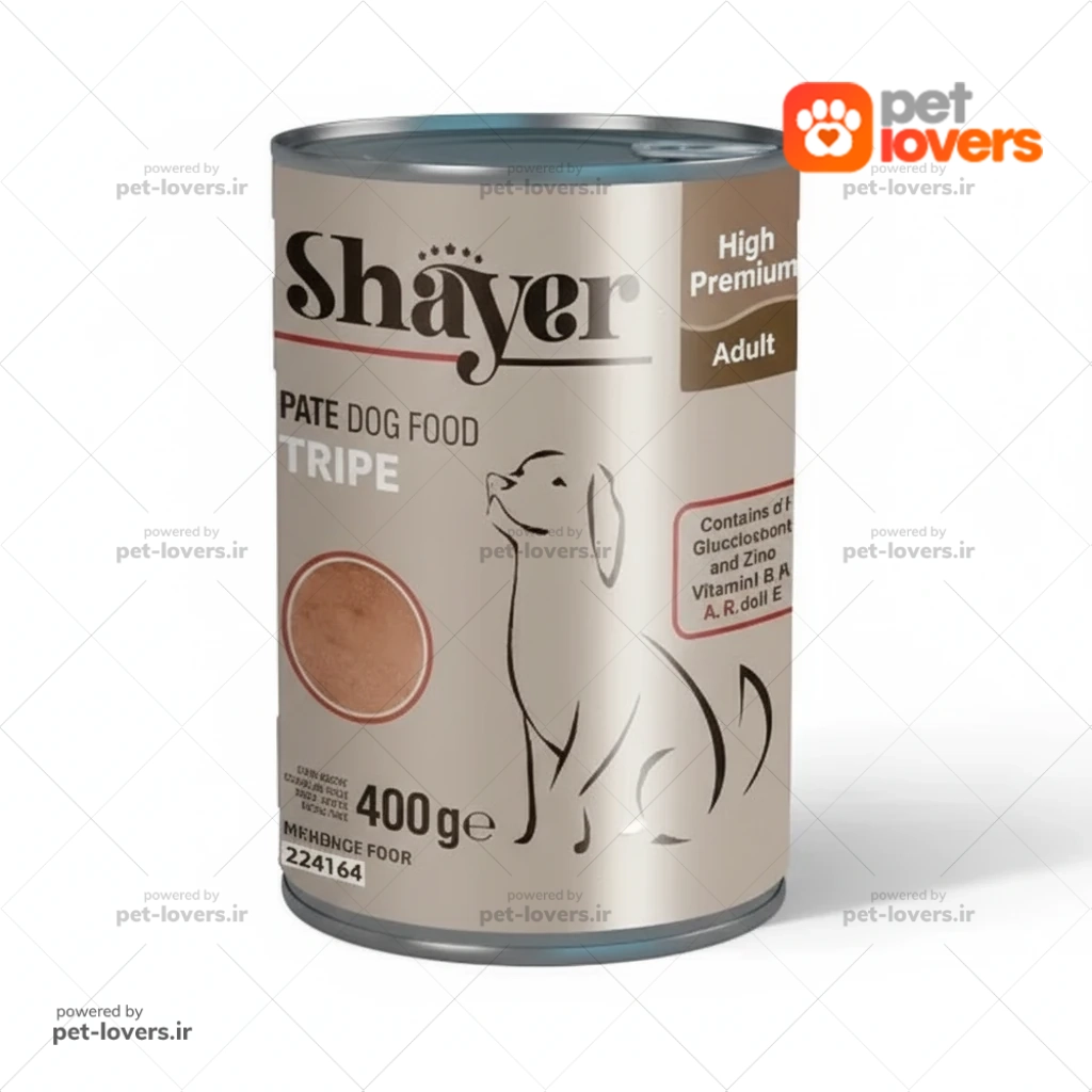 کنسرو پته سگ بالغ طعم سیرابی شایر Shayer وزن ۴۰۰ گرم