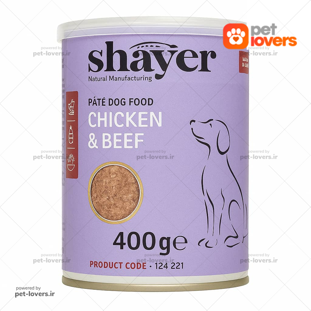 کنسرو پته سگ بالغ طعم مرغ و گوشت گوساله شایر Shayer وزن ۴۰۰ گرم