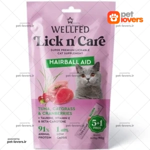 بستنی گربه مدل آنتی هربال طعم ماهی تن و علف گربه و کرنبری ولفد Well Fed وزن 90 گرم (6 عددی)