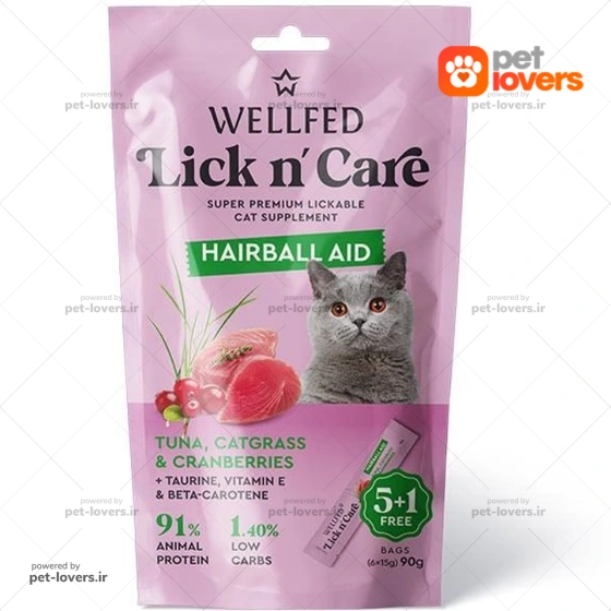 بستنی گربه مدل آنتی هربال طعم ماهی تن و علف گربه و کرنبری ولفد Well Fed وزن ۹۰ گرم (۶ عددی)