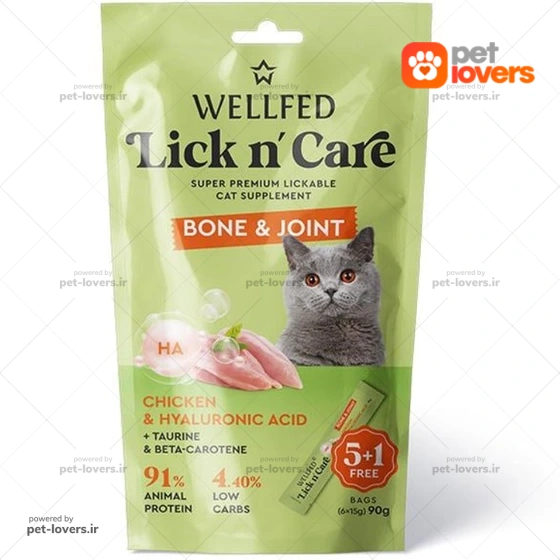 بستنی گربه مناسب سلامت استخوان و مفاصل طعم مرغ و اسید هیالورونیک ولفد Well Fed وزن ۹۰ گرم (۶ عددی)