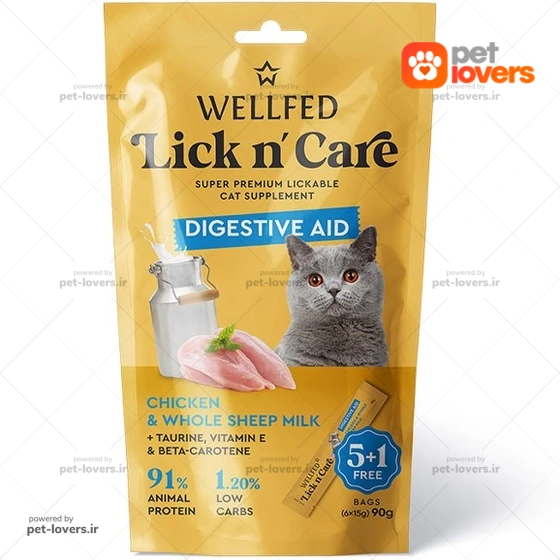 بستنی گربه مناسب سلامت گوارش با طعم مرغ و شیر گوسفند ولفد Well Fed وزن ۹۰ گرم (۶ عددی)