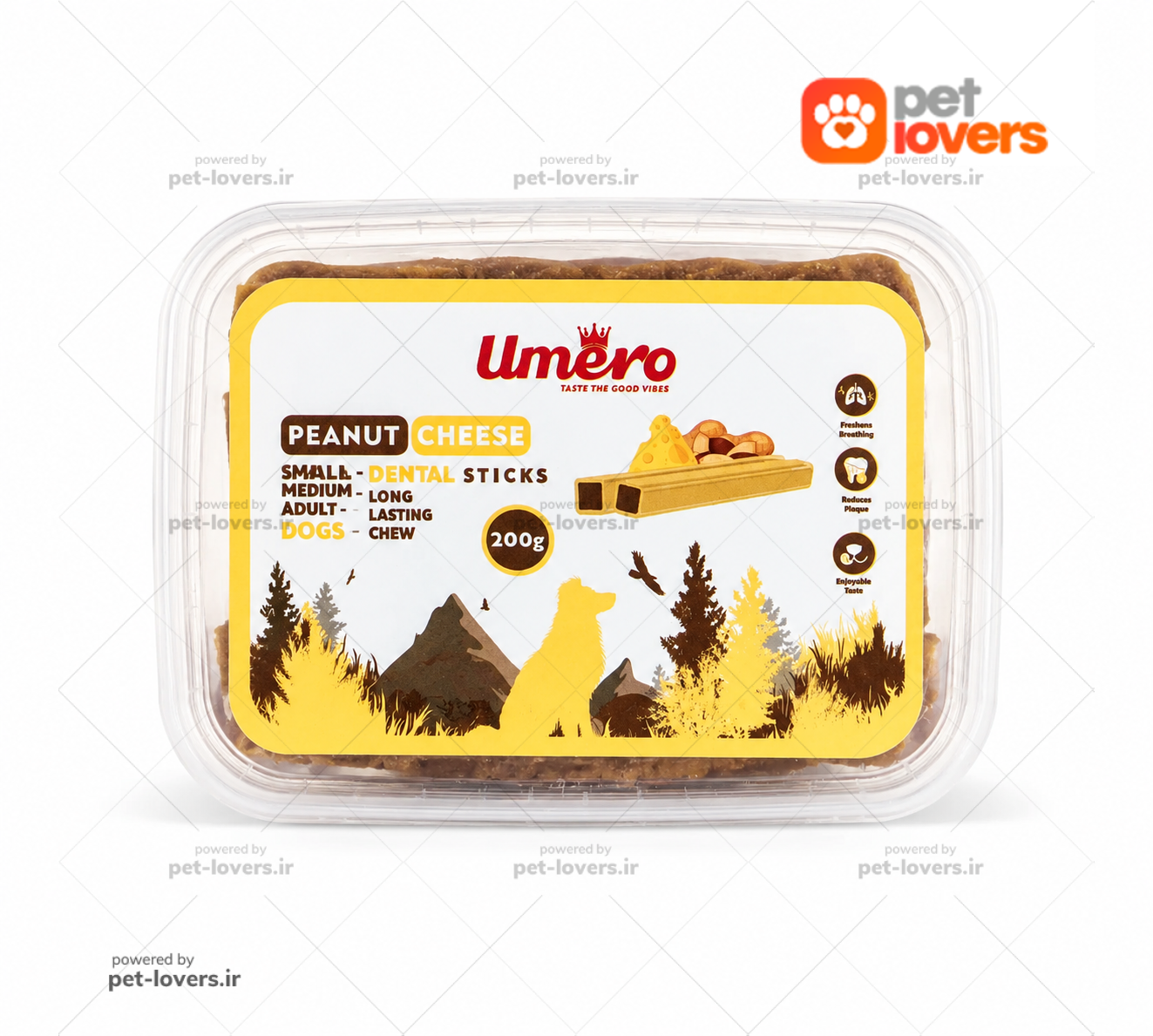 تشویقی سگ دنتال طعم کره بادام زمینی و پنیر اومرو Umero وزن ۲۰۰ گرم