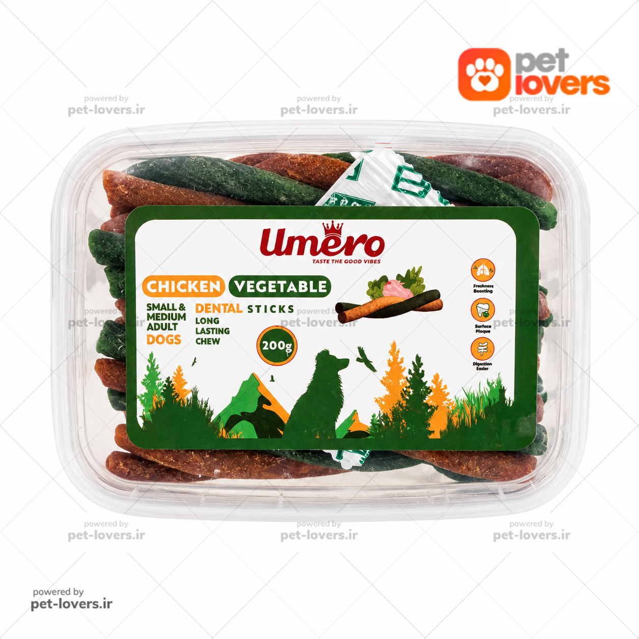 تشویقی سگ دنتال طعم مرغ و سبزیجات اومرو Umero وزن ۲۰۰ گرم