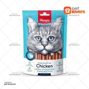 تشویقی گربه با طعم مرغ و ماهی کاد Wanpy Chicken Jerky & Codfish Sandwiches ونپی وزن 80 گرم