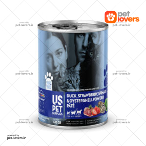 کنسرو غذای گربه پریمیوم طعم اردک ، اسفناج ، توت‌فرنگی و پودر صدف یو اس پت USPet وزن 430 گرم