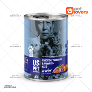 کنسرو غذای گربه پریمیوم طعم مرغ و کدو تنبل و سنبل‌الطیب یو اس پت USPet وزن 430 گرم