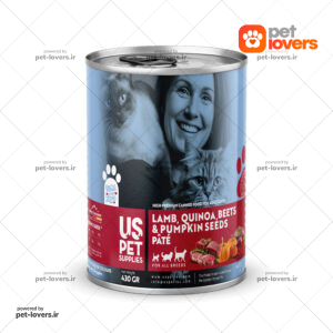 کنسرو غذای گربه پریمیوم طعم گوشت بره و کینوآ و چغندر و تخم کدو یو اس پت USPet وزن 430 گرم