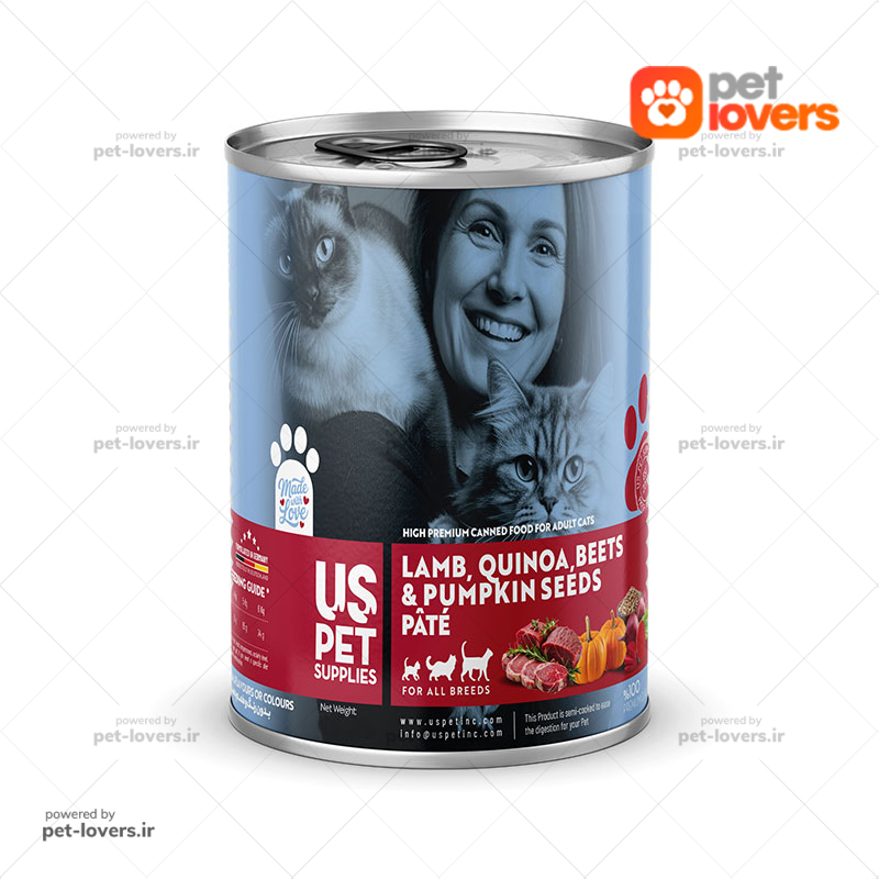 کنسرو پته گربه طعم گوشت بره و کینوآ و چغندر و تخم کدو یو اس پت USPet وزن ۸۰۰ گرم