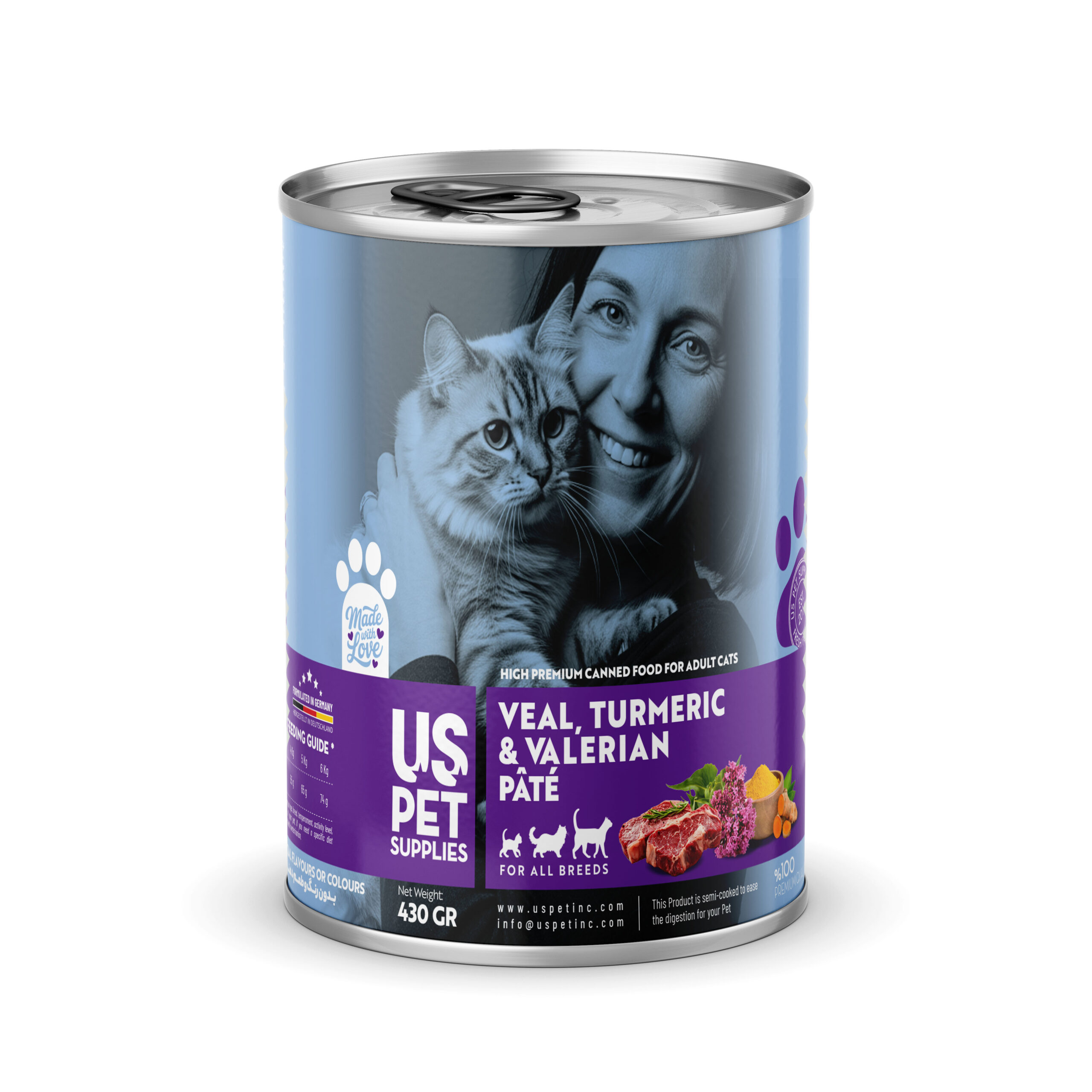 کنسرو پته گربه طعم گوشت گوساله و زردچوبه و سنبل الطیب یو اس پت US Pet Premium Veal, Turmeric & Valerian Pâté وزن ۴۳۰ گرم
