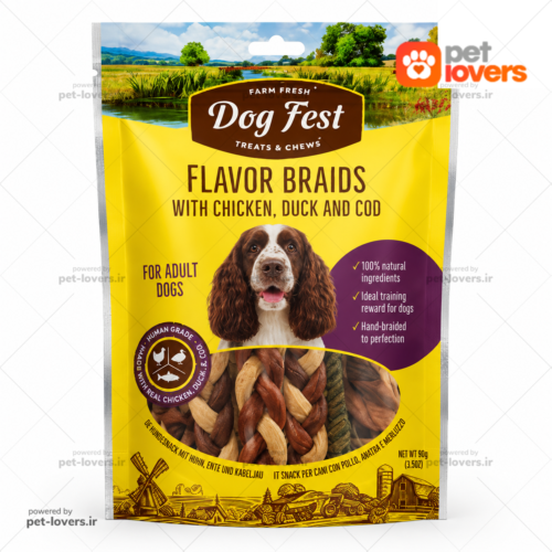 تشویقی سگ بالغ با طعم مرغ، اردک و ماهی کاد داگ فست Dog Fest Flavor Braids with Chicken, Duck and Cod وزن ۹۰ گرم