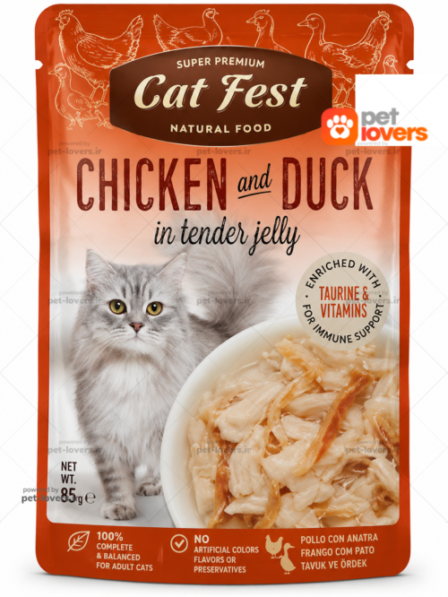 پوچ گربه با طعم مرغ و اردک در ژله کت فست Cat Fest وزن ۷۰ گرم