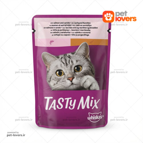 پوچ گربه بالغ طعم سالمون و هویج ویسکاس Whiskas Tasty Mix وزن ۸۵ گرم