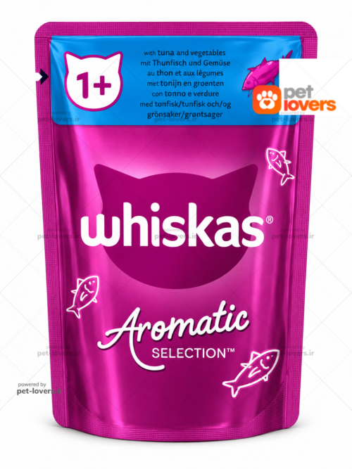 پوچ گربه بالغ طعم ماهی تن و سبزیجات ویسکاس Whiskas Aromatic Selection وزن ۸۵ گرم