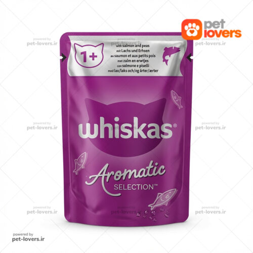 پوچ گربه بالغ طعم ماهی سالمون و نخود فرنگی ویسکاس Whiskas Aromatic Selection وزن ۸۵ گرم